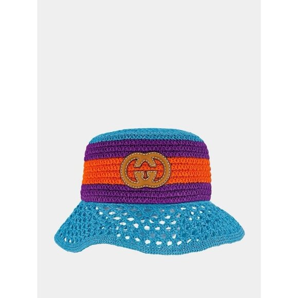 NWT GUCCI  Gg-Logo Striped Faux-Raffia Hat $750 SZ M Bucket Purple Blue Red - Picture 1 of 7